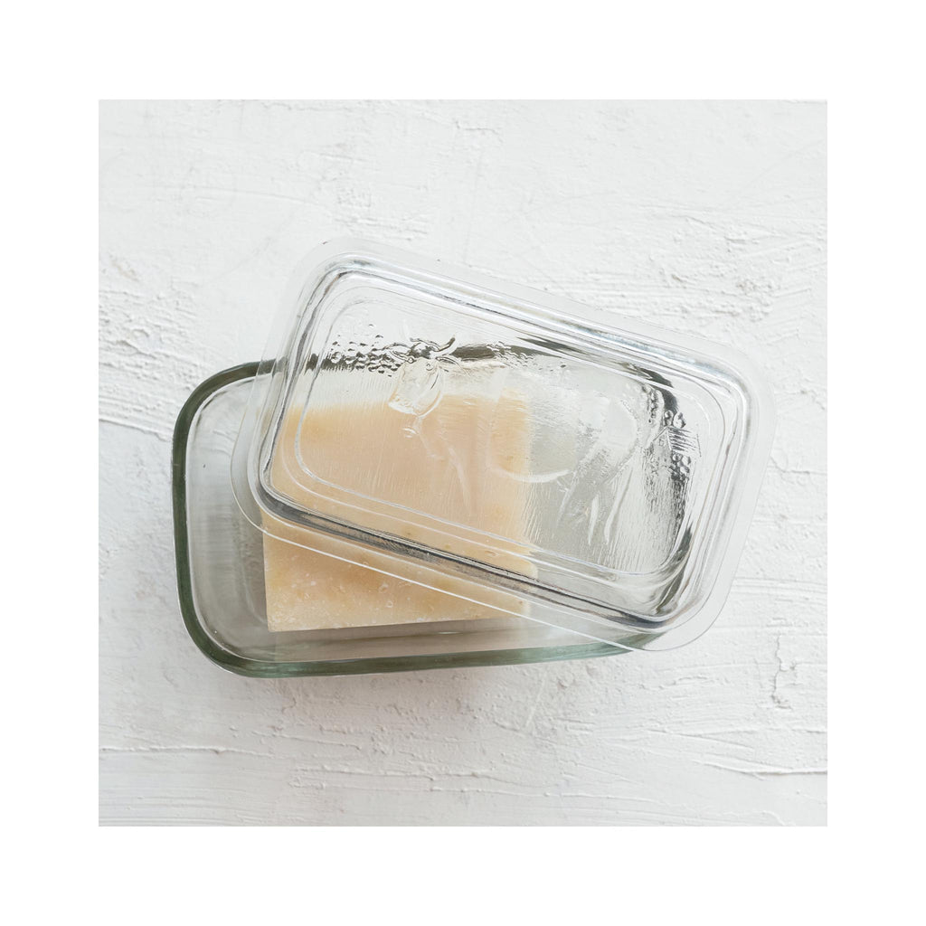 Pressed Glass Covered Butter Dish - Cow Motif - in use