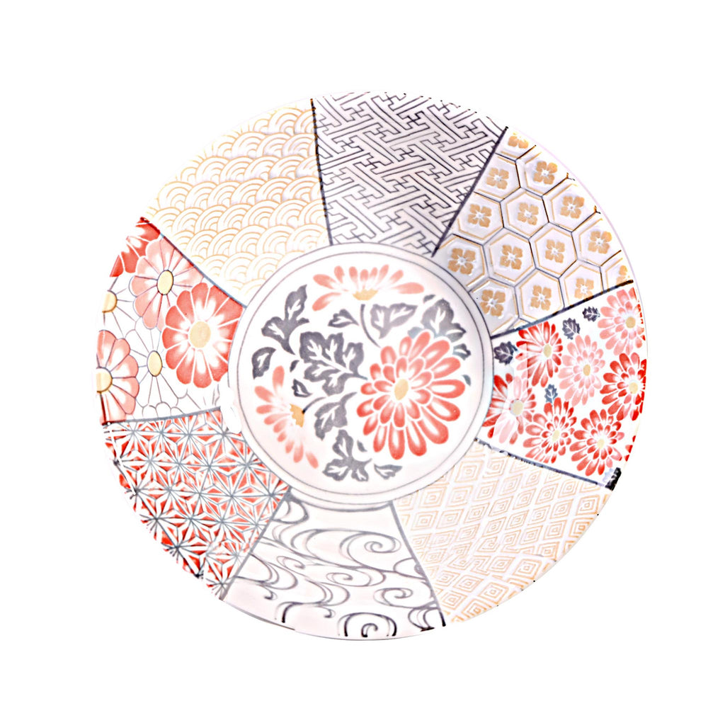 Japanese Red Multi Patterned Bowls - 7.25"- interior