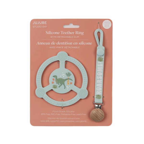 JuJuBe Silicone Teether Ring with Detachable Clip - Roarsome - packaging