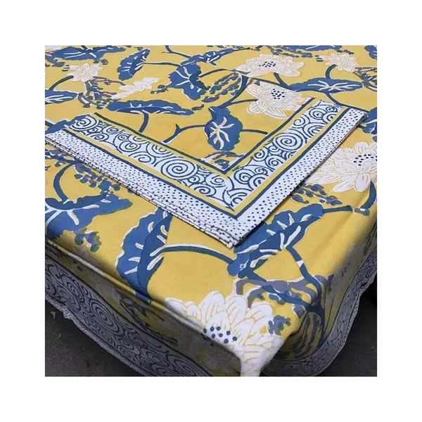 Block Printed Napkin - Asian Lotus Yellow - on table