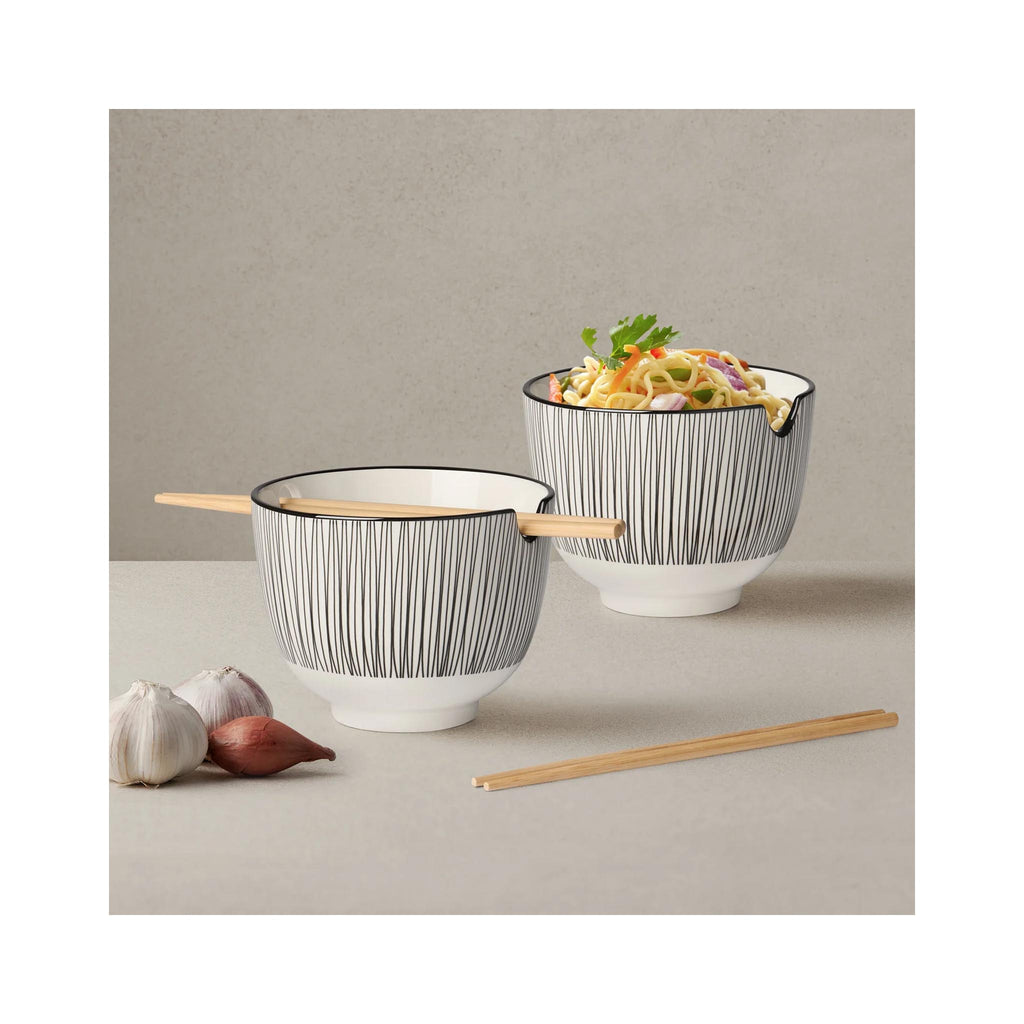 Kiri Porcelain 5" Bowl  with Chopstick Set- Black Line - in use
