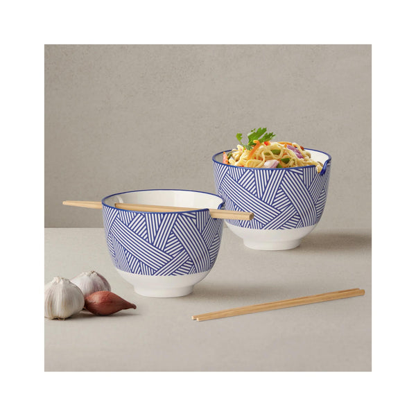 Kiri Porcelain 5" Bowl  with Chopstick Set- Blue Zen Weave - in use