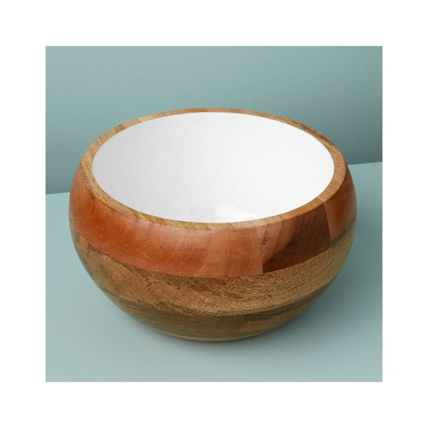 Mango Wood & White Enamel Bowl - Round