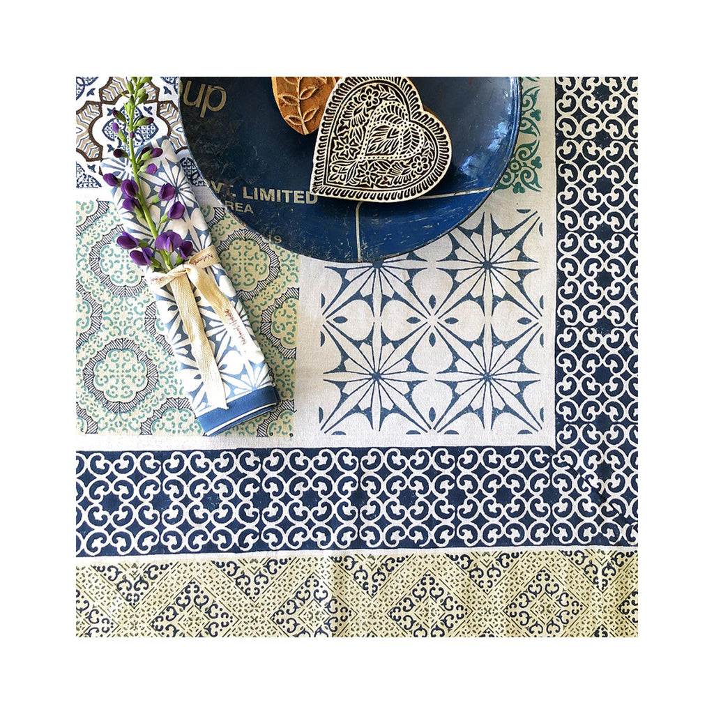 Block Printed Tablecloth - Porto Blue Tile