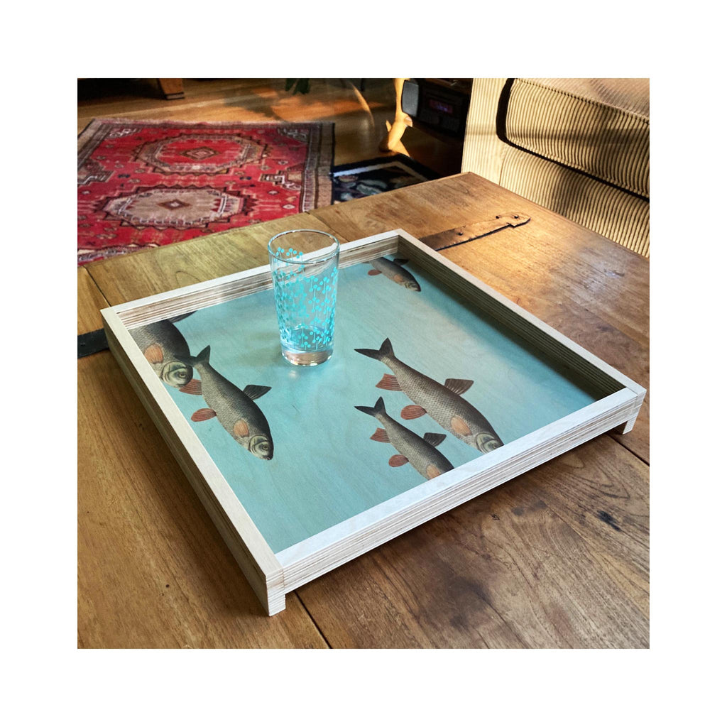 LAMOU Baltic Birch Printed Serving Tray - School of Fish - in use