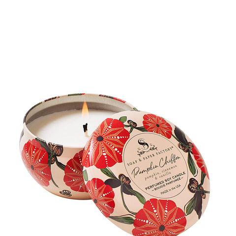 Pumpkin Chiffon Large Tin Soy Candle - lit