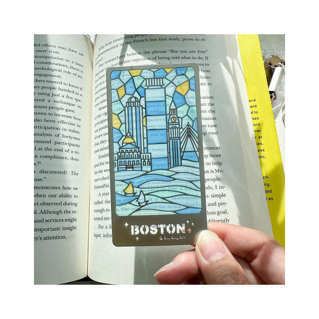 Boston Skyline Stained Glass Bookmark - in use