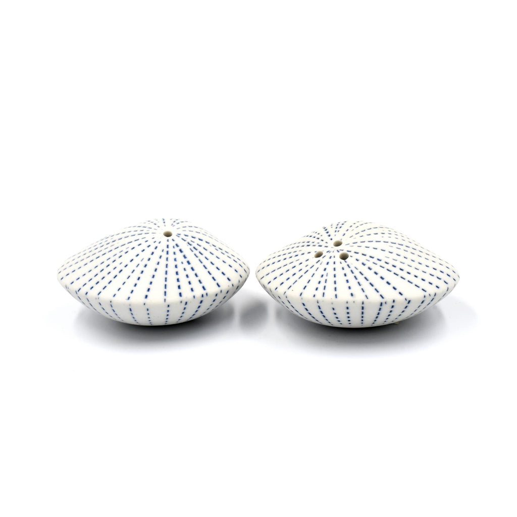 Sea Shell Salt & Pepper Set - White with Blue Dashes