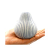 Gugu Pear Bud Vase - White with Blue Dashes- in hand for scale