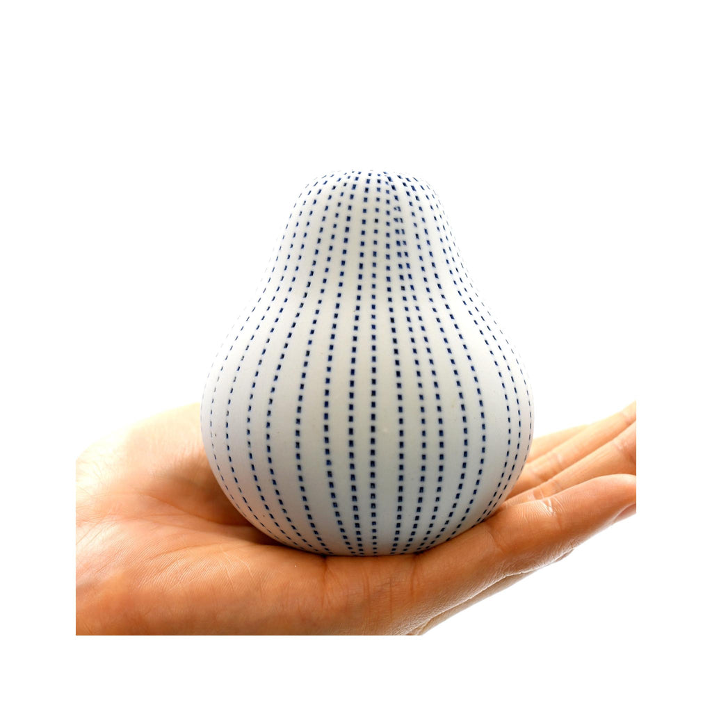Gugu Pear Bud Vase - White with Blue Dashes- in hand for scale