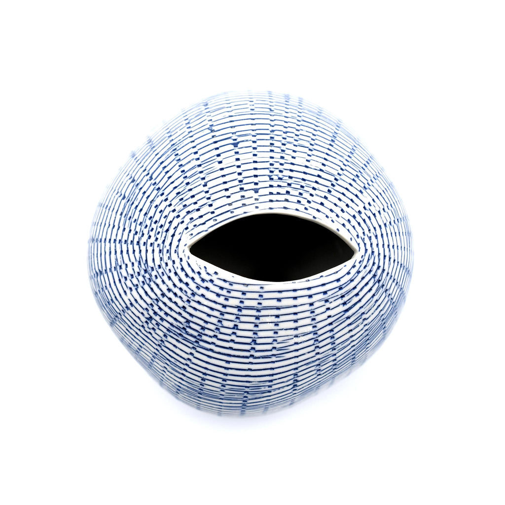 Pebble Mini Vase - Large - White with Blue Cells - top view