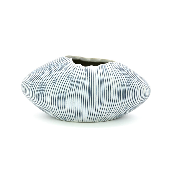 Porcelain Oval Vase - White with Blue Lines