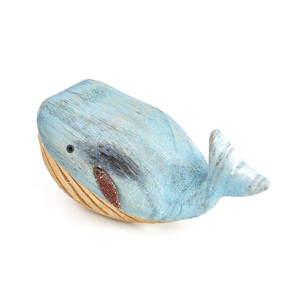 Happy Humpback Whale Carving - Blue & White - side view