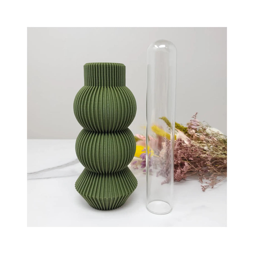 3D Printed Bud Vase - Olive Green - with glass insert exposed