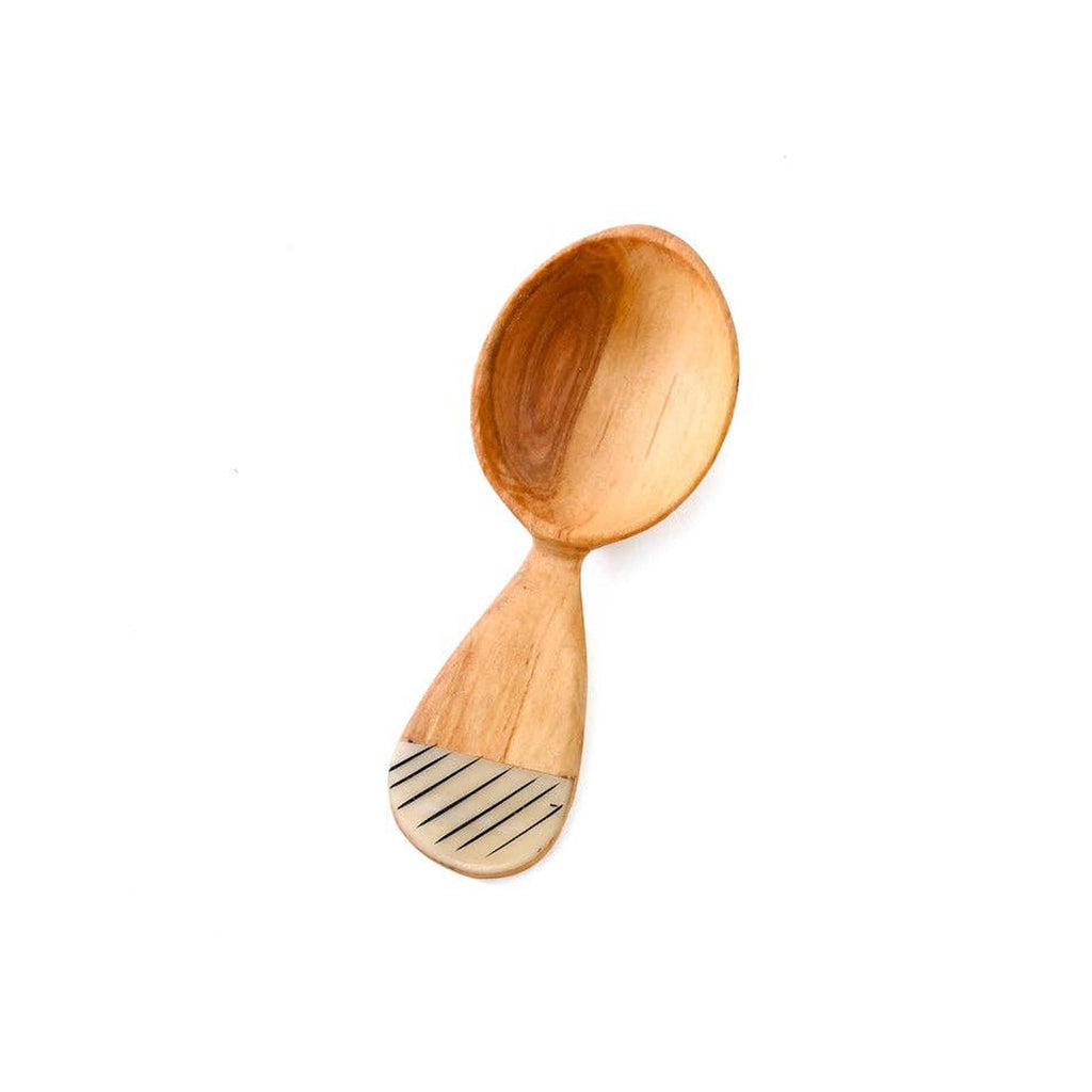 Wild Olive Wood Fig Sugar Spoon with Etched Bone Handle