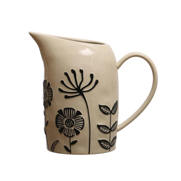 Hand-painted Stoneware Pitcher with Embossed Flowers