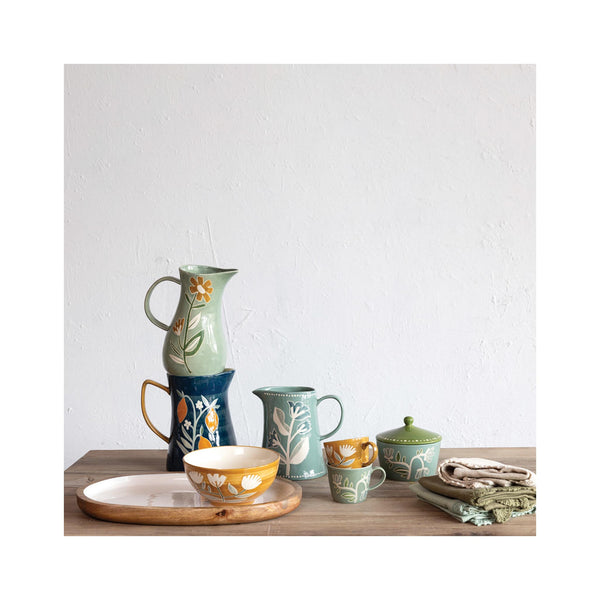 Hand-painted Stoneware Pitcher with Wax Relief Flowers - in grouping