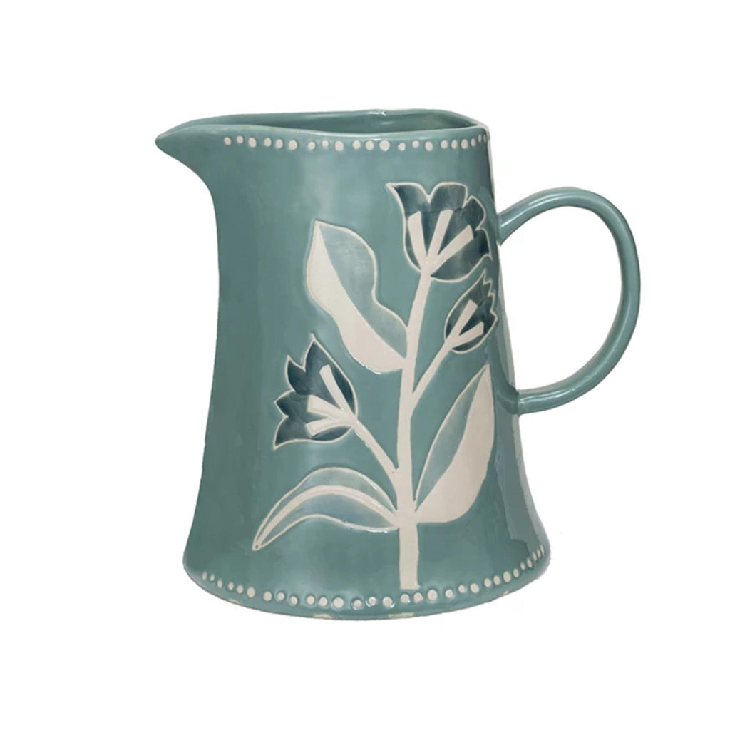 Hand-painted Stoneware Pitcher with Wax Relief Flowers