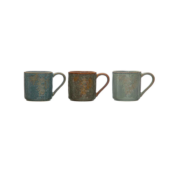 Embossed Stoneware Mugs with Pine Boughs