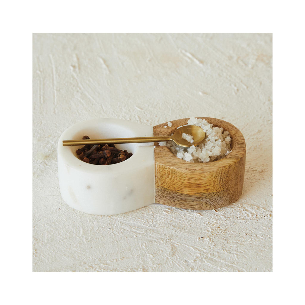 Mango Wood & Marble Pinch Pot & Brass Spoon Set - in use