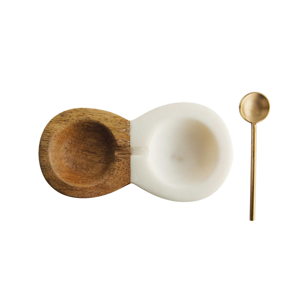 Mango Wood & Marble Pinch Pot & Brass Spoon Set