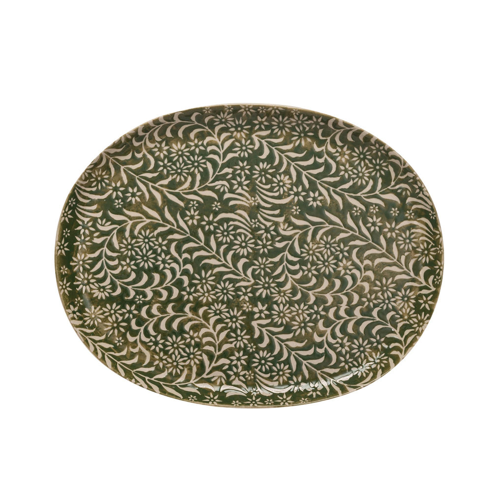 Stoneware Platter with Wax Relief Botanicals