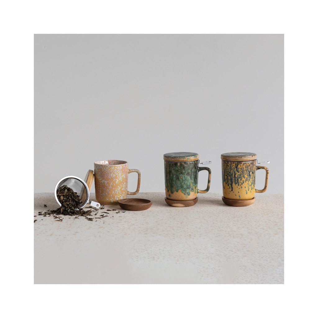 Reactive Glaze Stoneware Mugs with Strainer & Saucer