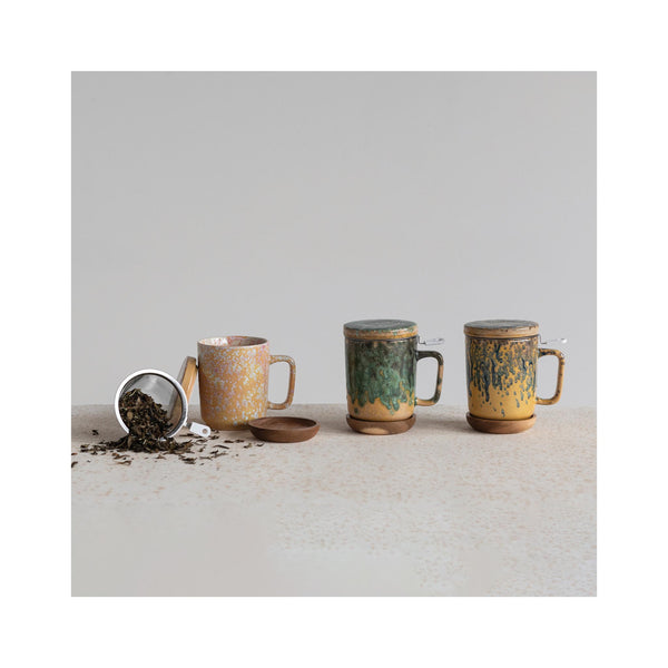 Reactive Glaze Stoneware Mugs with Strainer & Saucer