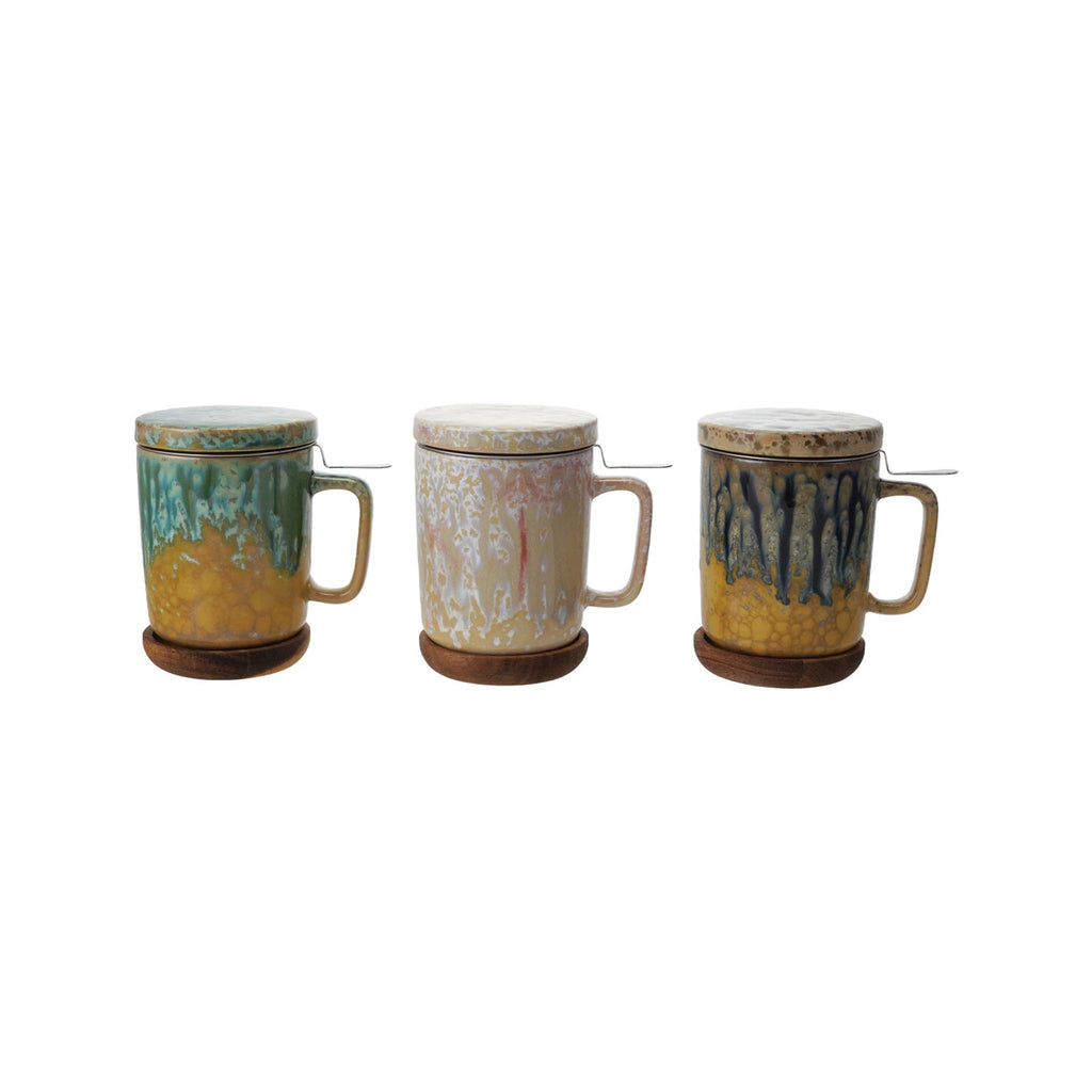 Reactive Glaze Stoneware Mugs with Strainer & Saucer
