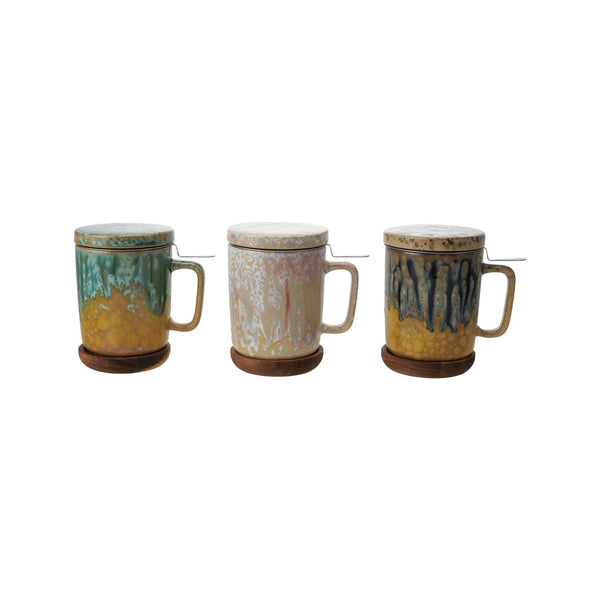 Reactive Glaze Stoneware Mugs with Strainer & Saucer