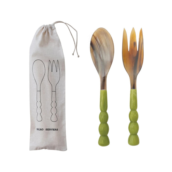 Natural Horn Salad Servers with Marbled Resin Handles