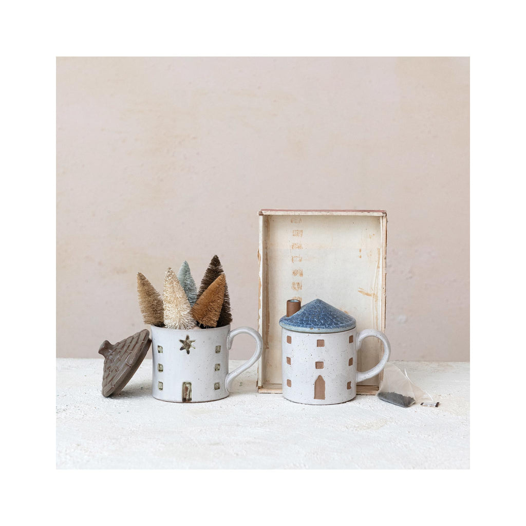 Stoneware Cottage Shaped Mugs with Roof Lids - on display