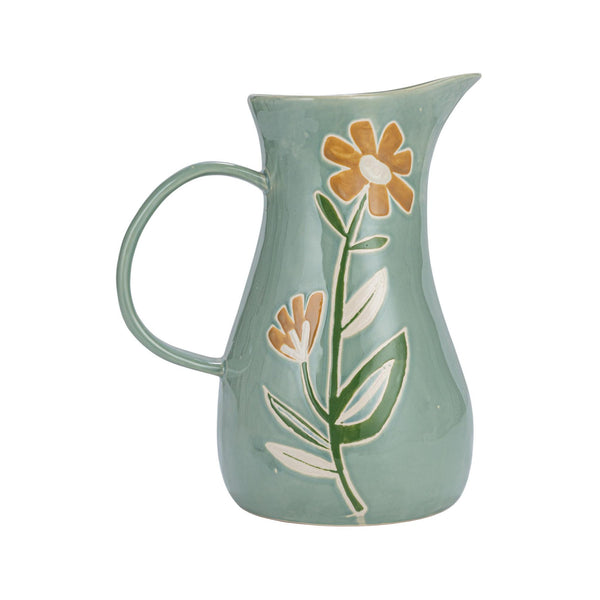 Hand-painted Stoneware Pitcher with Wax Relief Flowers - 2QT