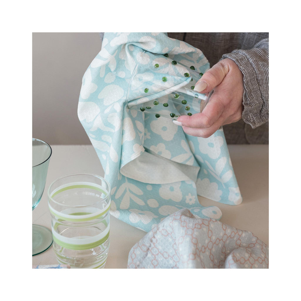 Waffle Weave Microfiber Tea Towel - Pale Blue with White Flowers - in use
