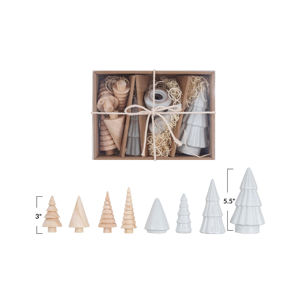 Stoneware & Wood Christmas Trees Boxed Set of 8 - dimensions