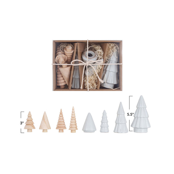 Stoneware & Wood Christmas Trees Boxed Set of 8 - dimensions