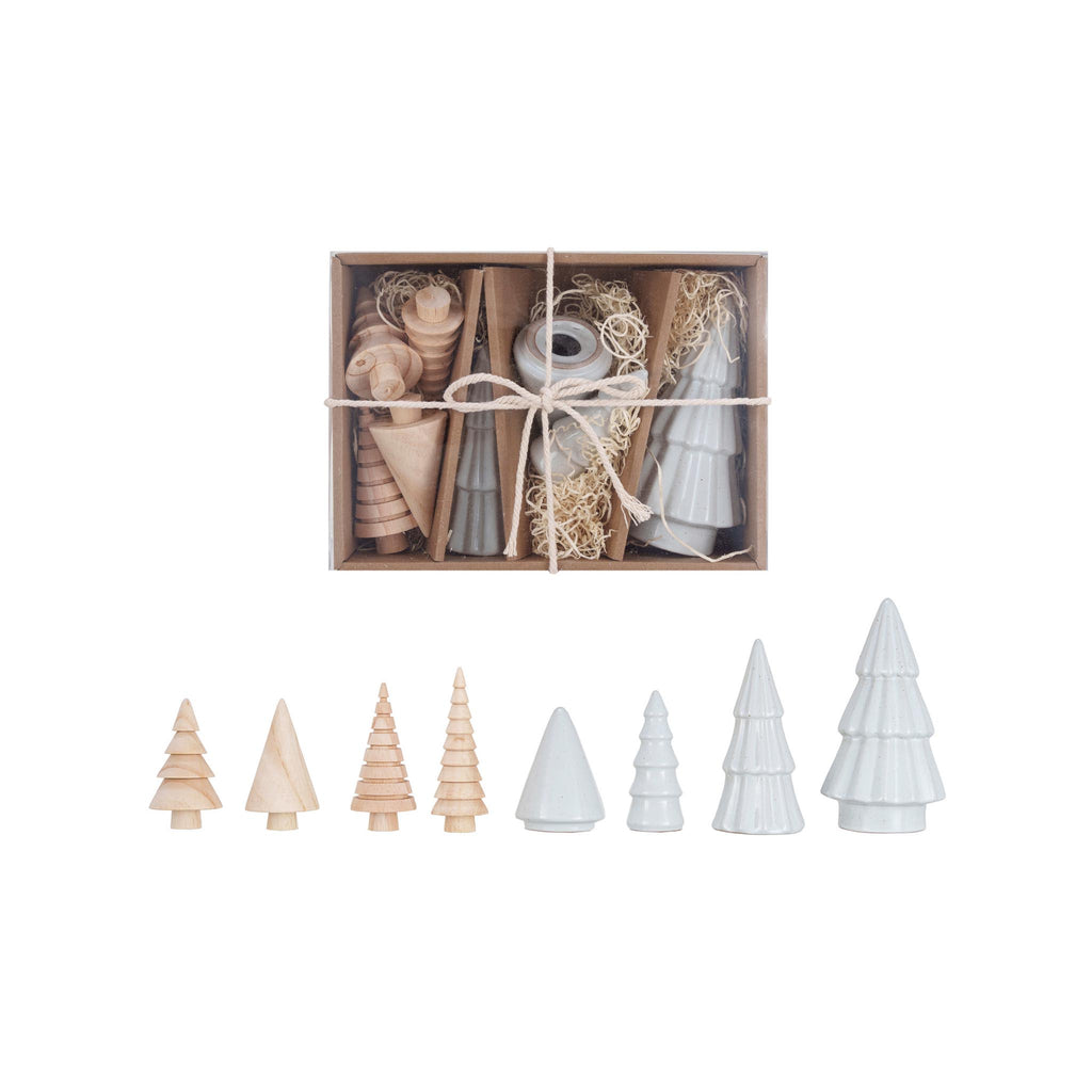 Stoneware & Wood Christmas Trees Boxed Set of 8