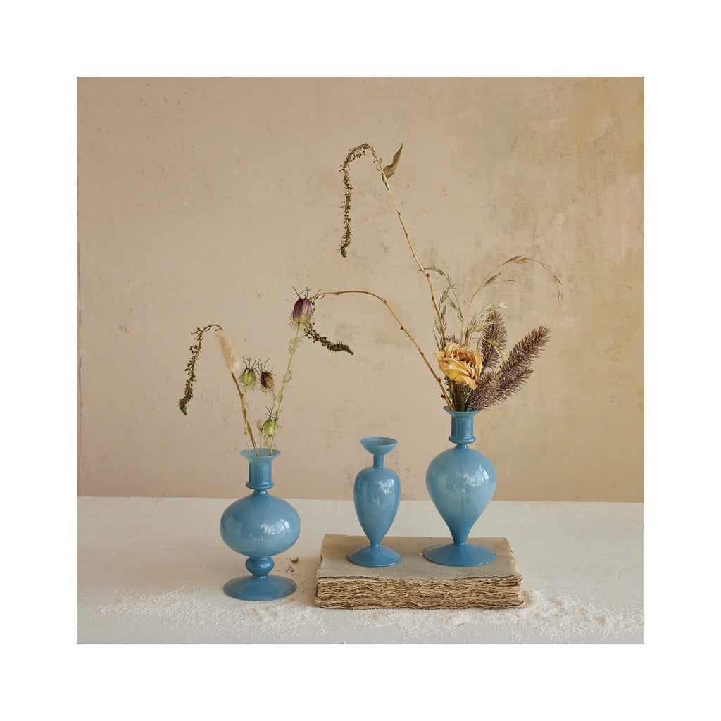 Opaque Blue Glass Bud Vases - in use