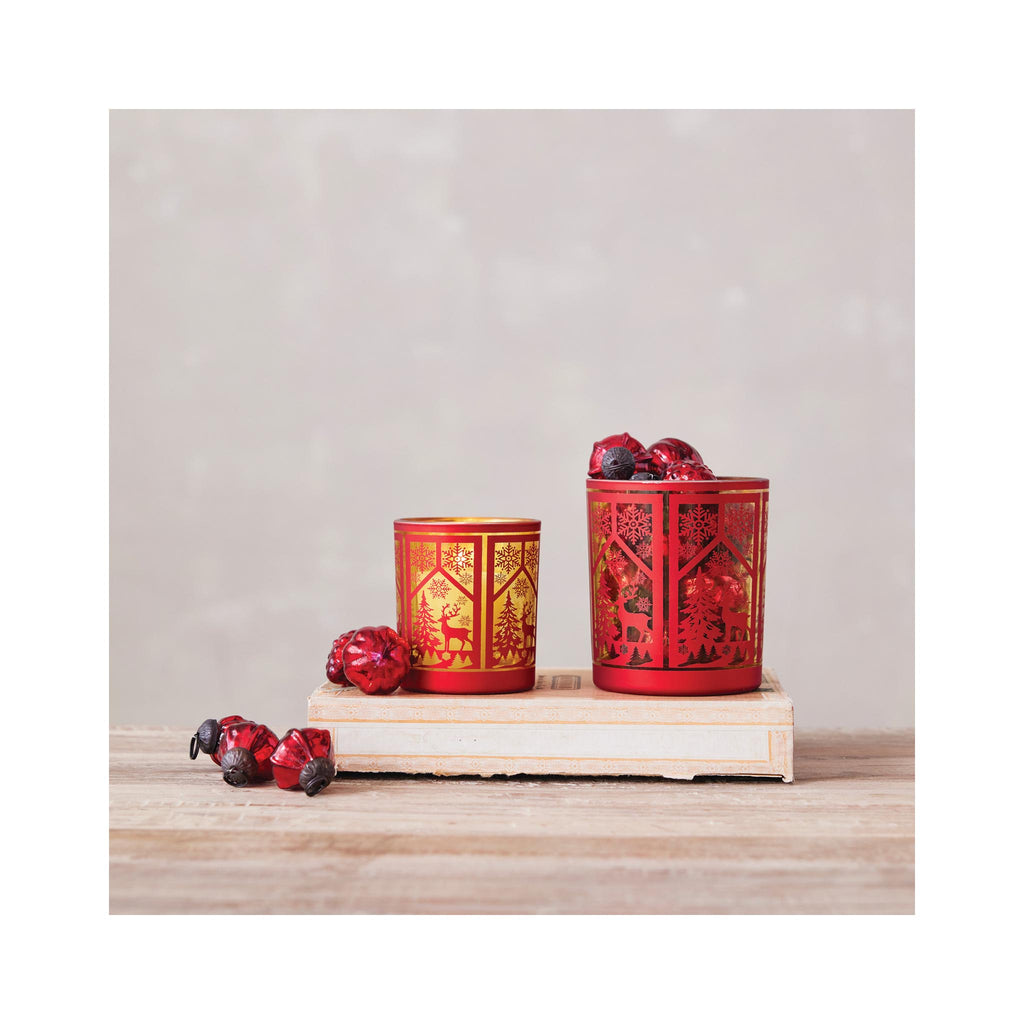 Etched Woodland Scene Red Glass Tealight/Votive Holder