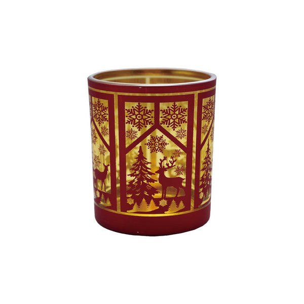 Etched Woodland Scene Red Glass Tealight/Votive Holder