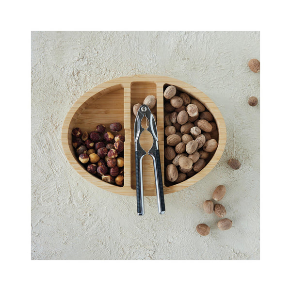 Nut Cracker & Sectioned Bamboo Tray Set - in use