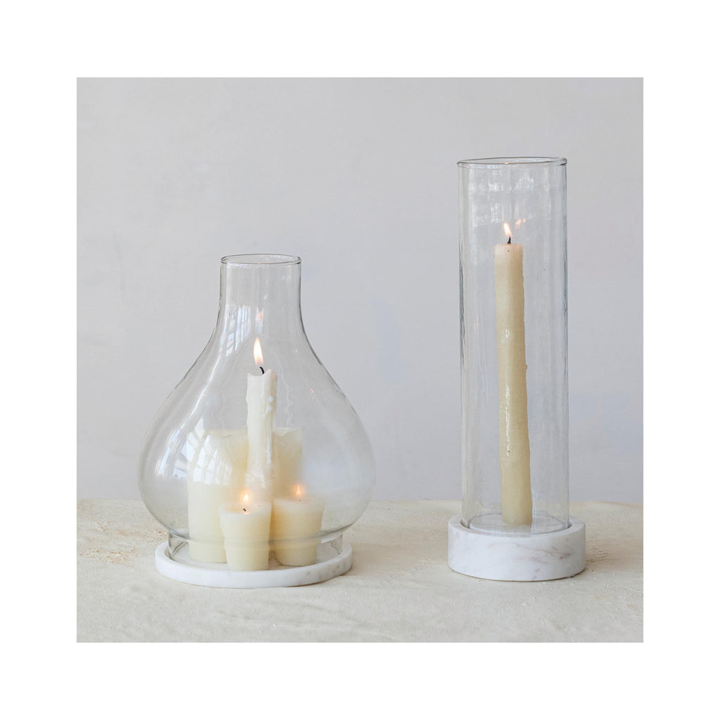 Glass Hurricane with Marble Base Taper Holder  - in use in grouping (on right)