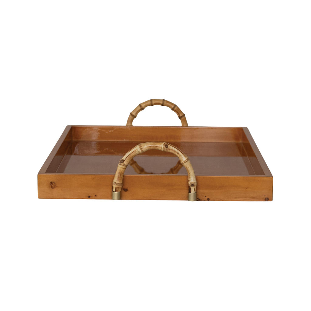 Decorative MDF & Burl Wood Veneer Tray with Bamboo Handles