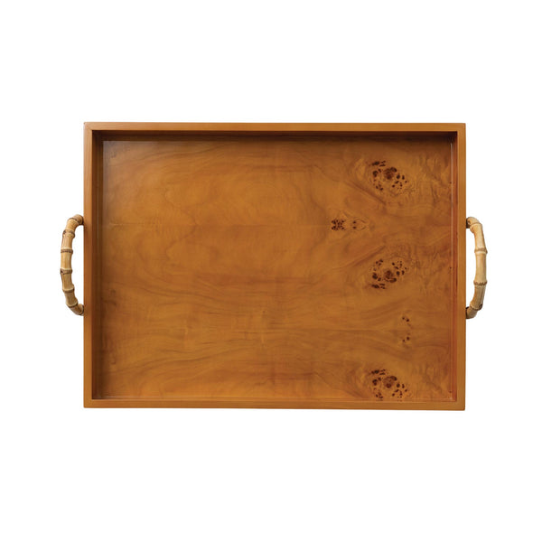 Decorative MDF & Burl Wood Veneer Tray with Bamboo Handles