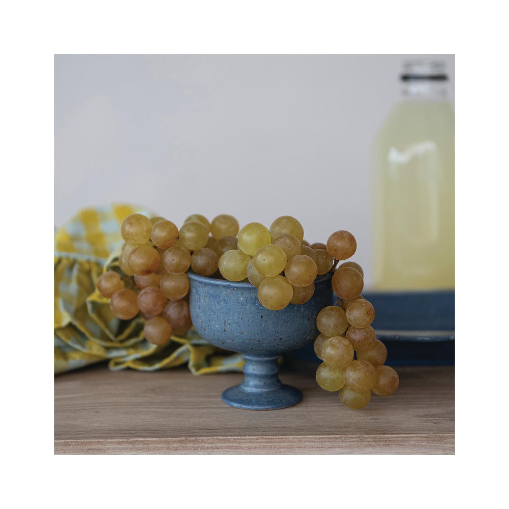 French Blue Stoneware Pedestal Bowl - in setting