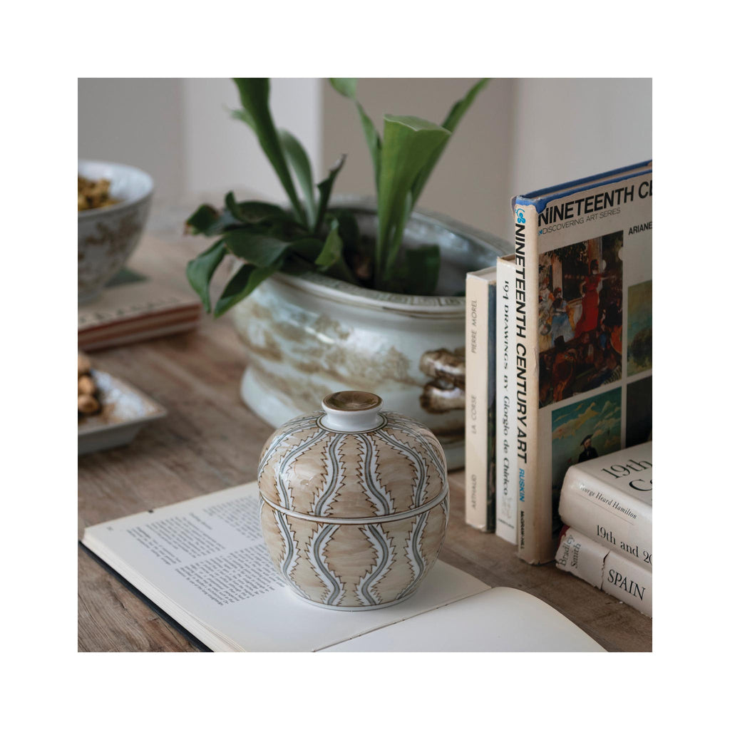Decorative Hand-Painted Stoneware Jar - on table