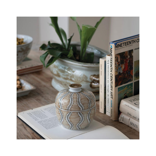 Decorative Hand-Painted Stoneware Jar - on table