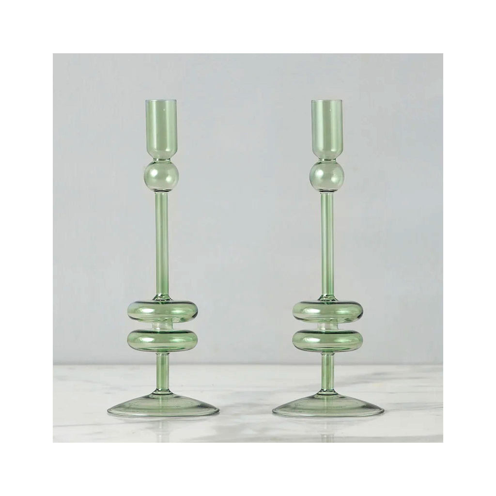 Elegant Glass Candle Holder Pairs - Medium - Sage