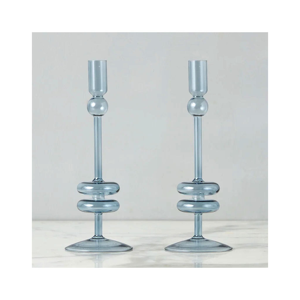 Elegant Glass Candle Holder Pairs - Medium - Denim