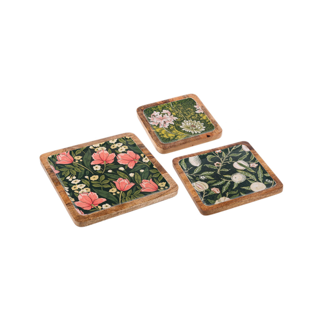 Mango Wood & Enamel Decorative Trays - Green Florals